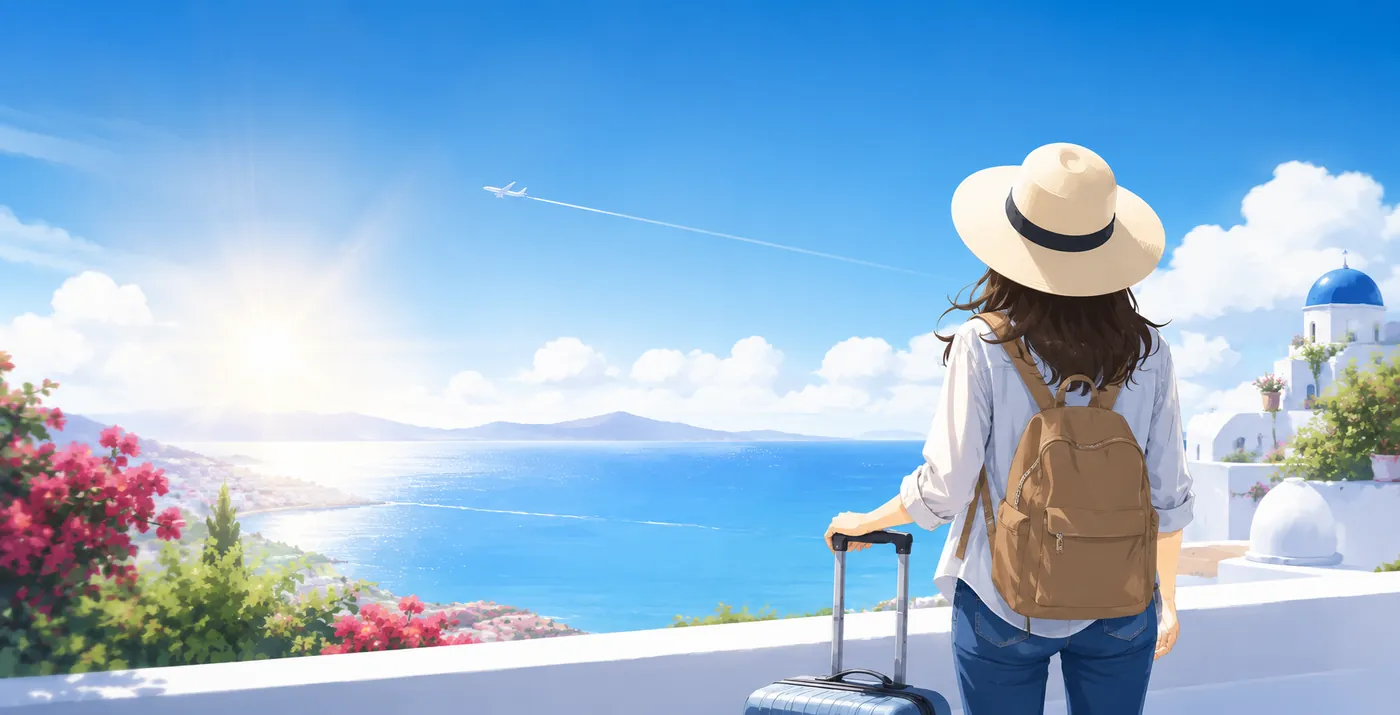 透析があっても旅をあきらめない|スーツケースを引いて海外の海辺を眺める旅行者のイメージ